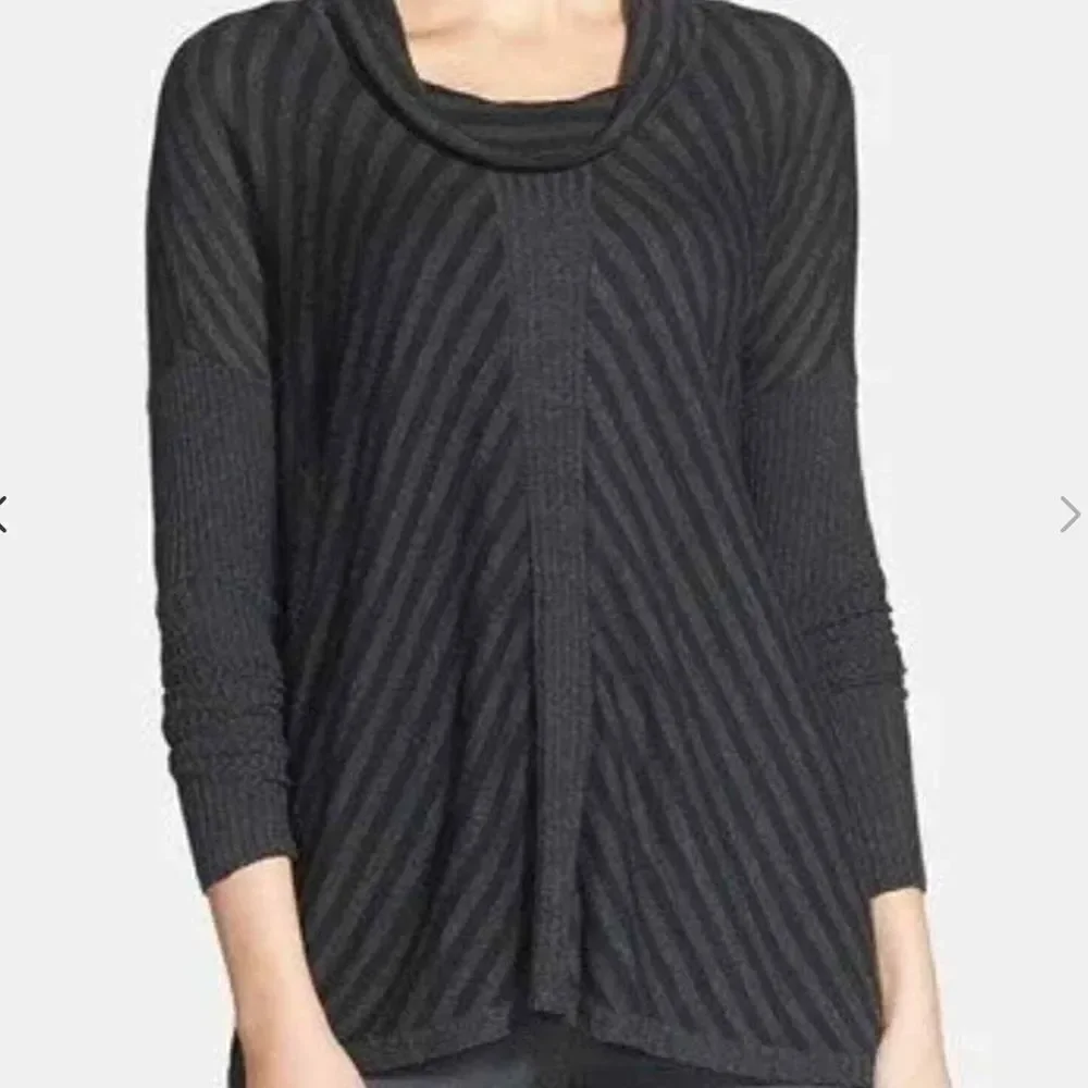 Eileen Fisher Cowl Scrunch Neck Striped Relaxed Fit Knit Sweater Black/ Gray